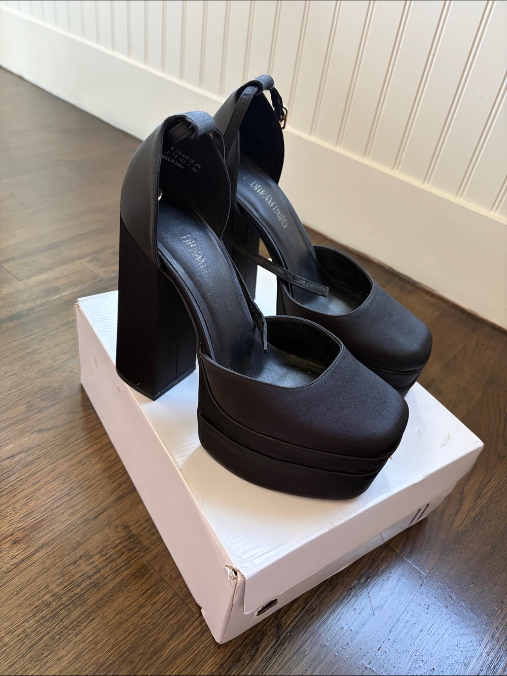 Satin Platform Block Heel Pumps in Black